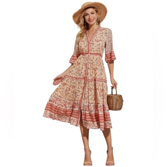 R. Vivimos Dresses & Skirts - R. Vivimos Bohemian Peach Floral V-Neck Button Down Midi Summer Dress Sz S 4/6
